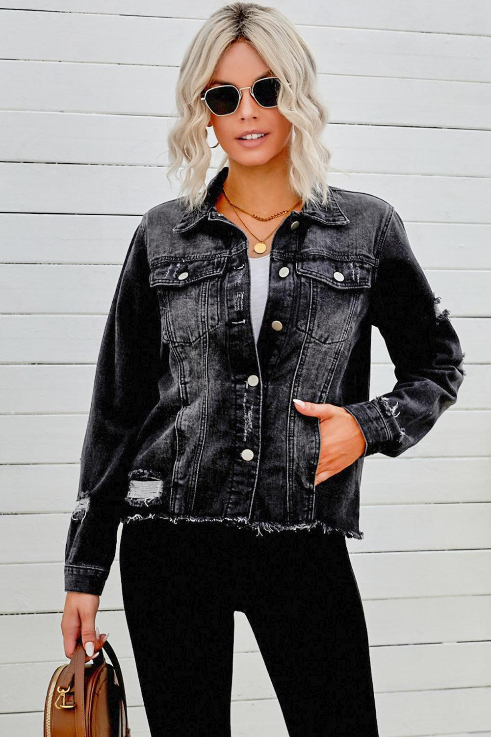 Distressed Raw Hem Denim Jacket Carauana Store