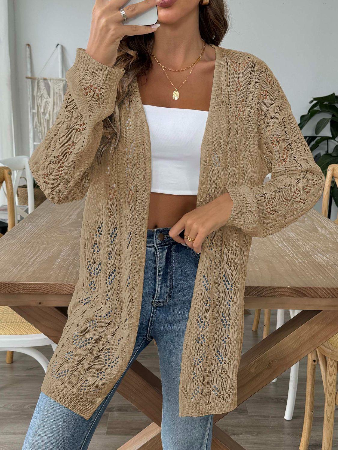 Openwork Open Front Long Sleeve Cardigan Carauana Store