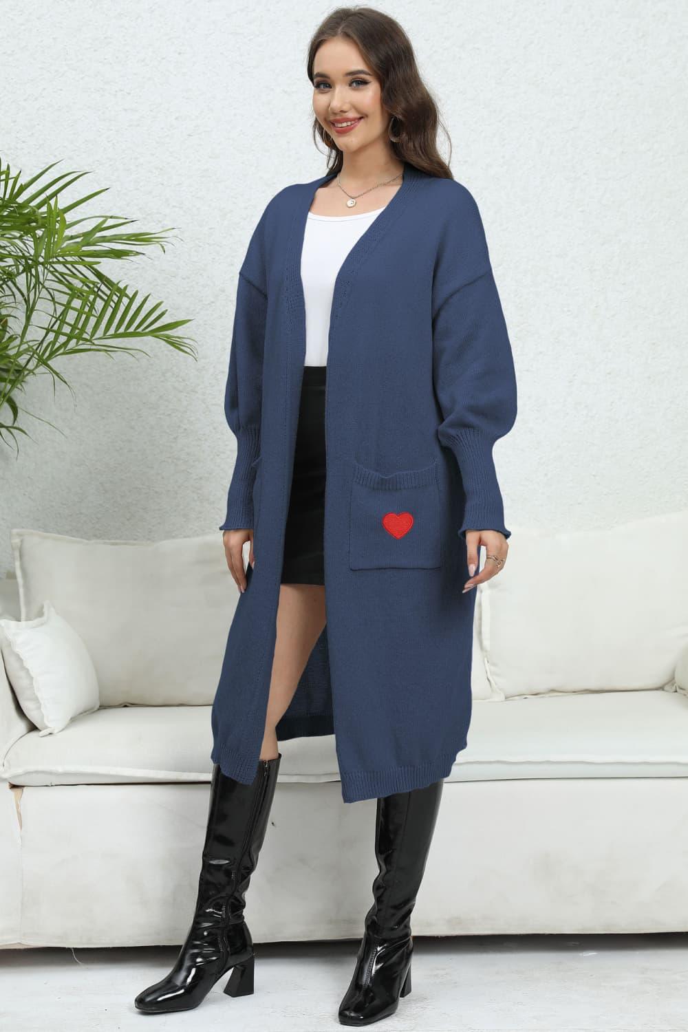Lantern Sleeve Open Front Pocketed Cardigan Carauana Store
