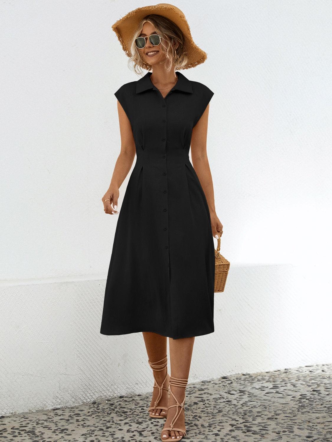 Button Up Cap Sleeve Midi Dress Carauana Store