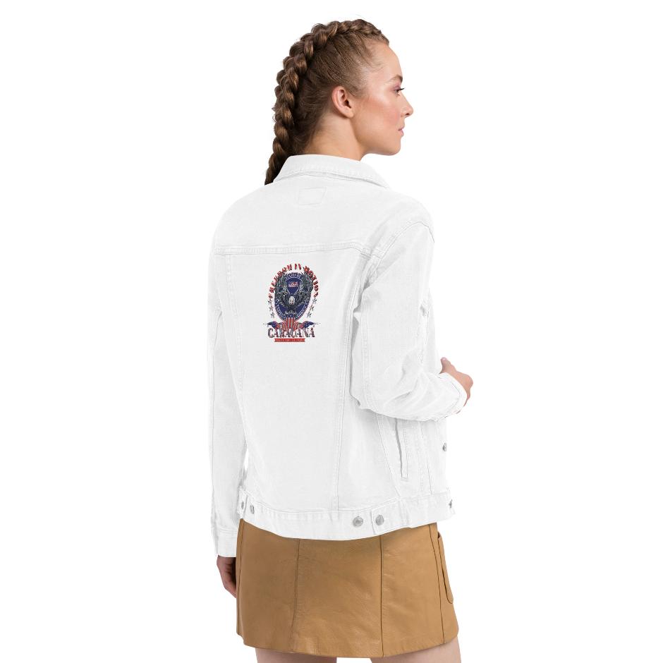 Person wearing a white jacket with a logo on the back, standing against a white background