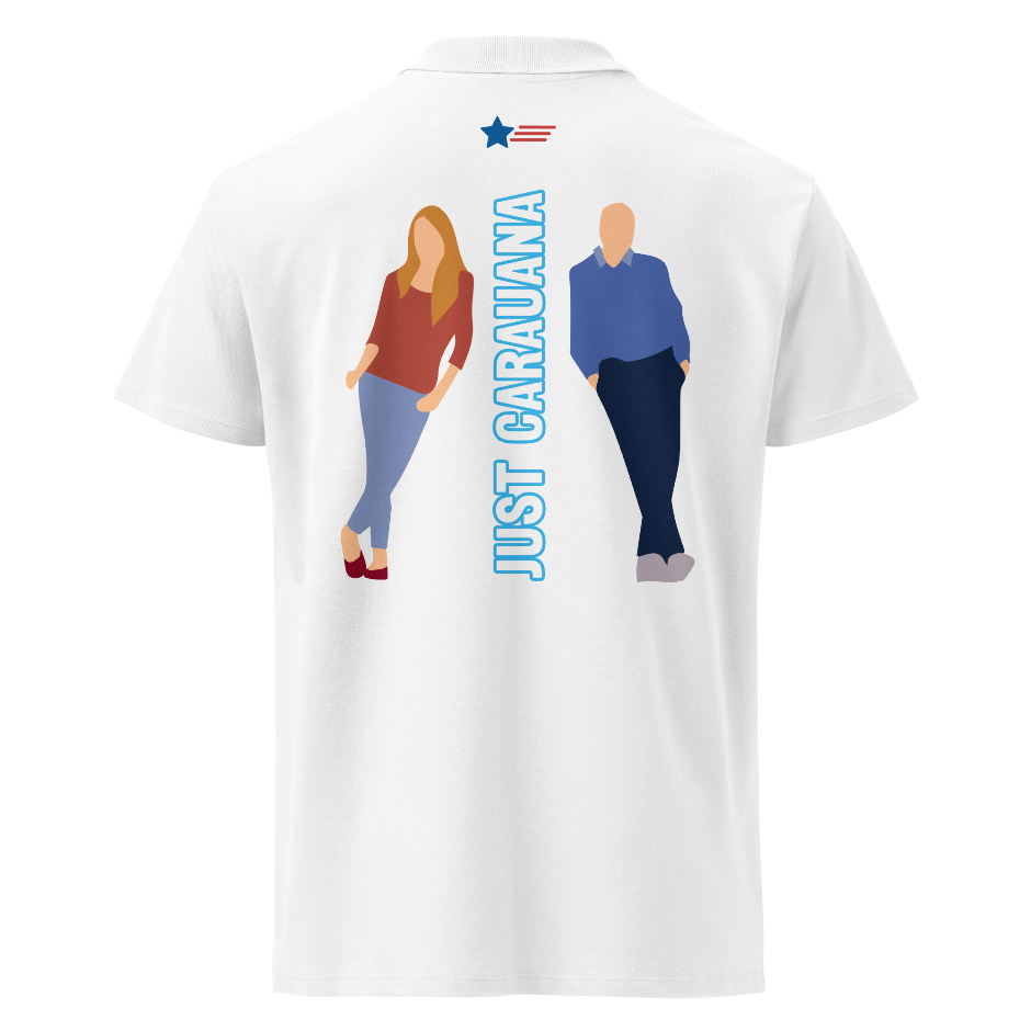White t-shirt with illustrations of a man and woman and text on a white background