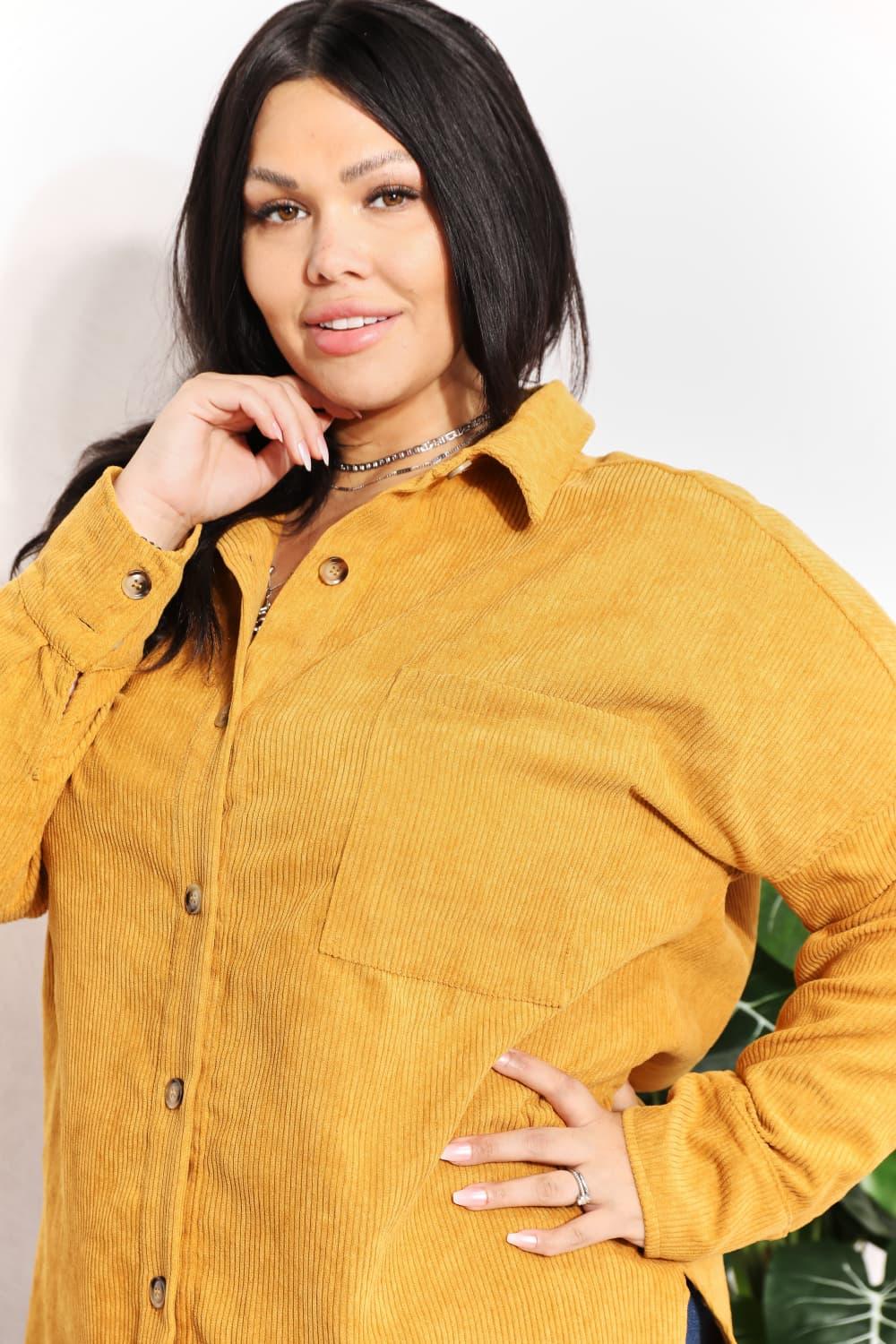 HEYSON Full Size Oversized Corduroy Button-Down Tunic Shirt with Bust Pocket