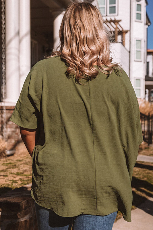 Four Leaf Clover Textured Half Sleeve V Neck Plus Size T Shirt with Chest Pocket