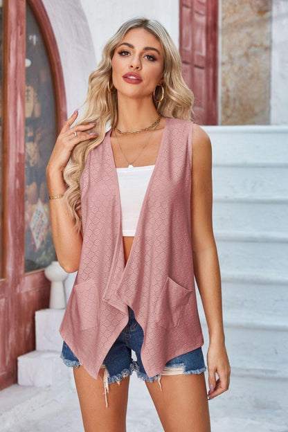 Eyelet Open Front Sleeveless Cardigan