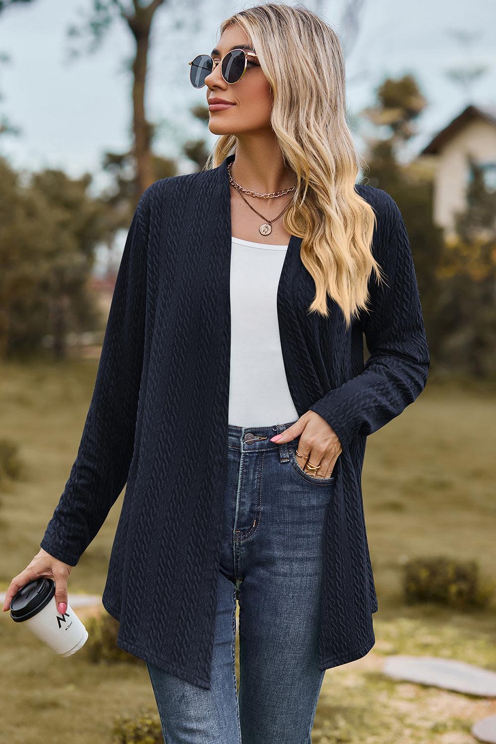 Textured Open Front Long Sleeve Cardigan