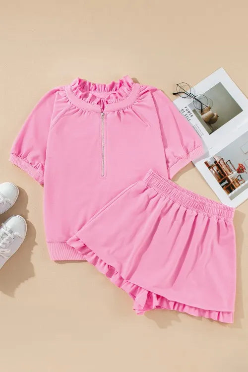Half Zip Puff Sleeve Top and Ruffled Shorts Set Carauana Store