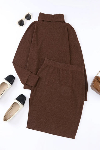 Mock Neck Long Sleeve Top and Slit Skirt Set Carauana Store