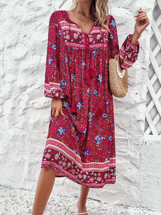 Tassel Tied Printed Long Sleeve Dress