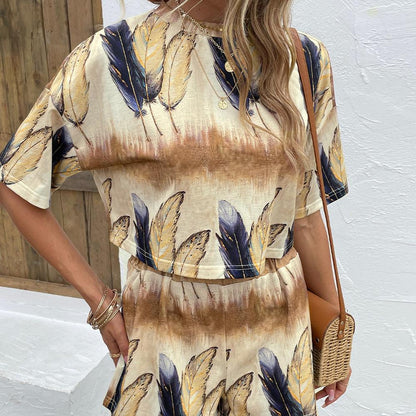 Feather Print Half Sleeve Top and Shorts Set