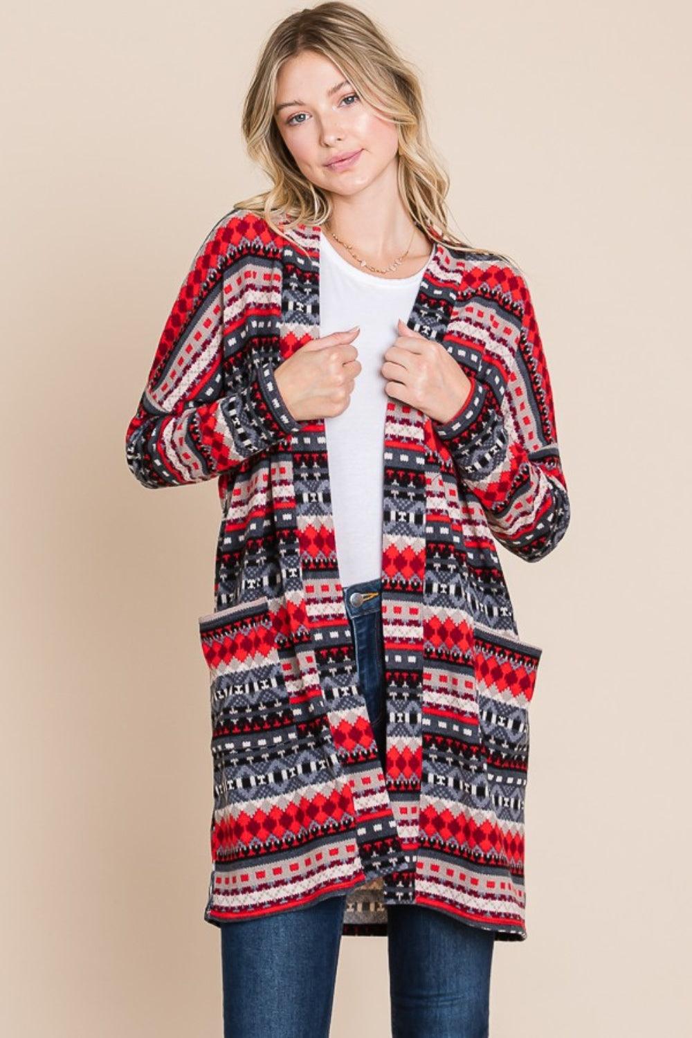 BOMBOM Geometric Open Front Long Sleeve Cardigan with Pockets