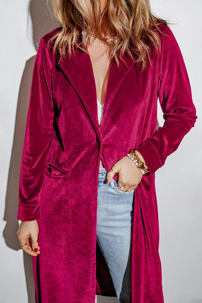 Collared Neck Longline Velvet Cardigan with Pockets