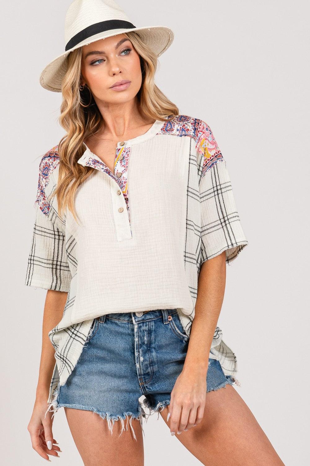 SAGE + FIG Plaid Half Button Gauze Top Carauana Store