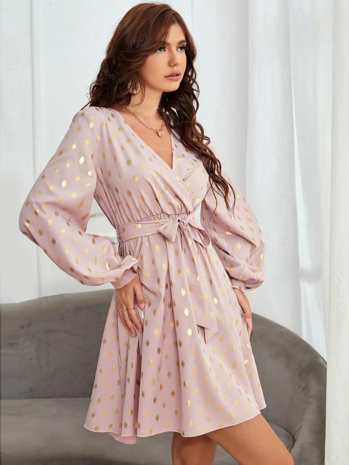 Tied Printed Surplice Long Sleeve Dress