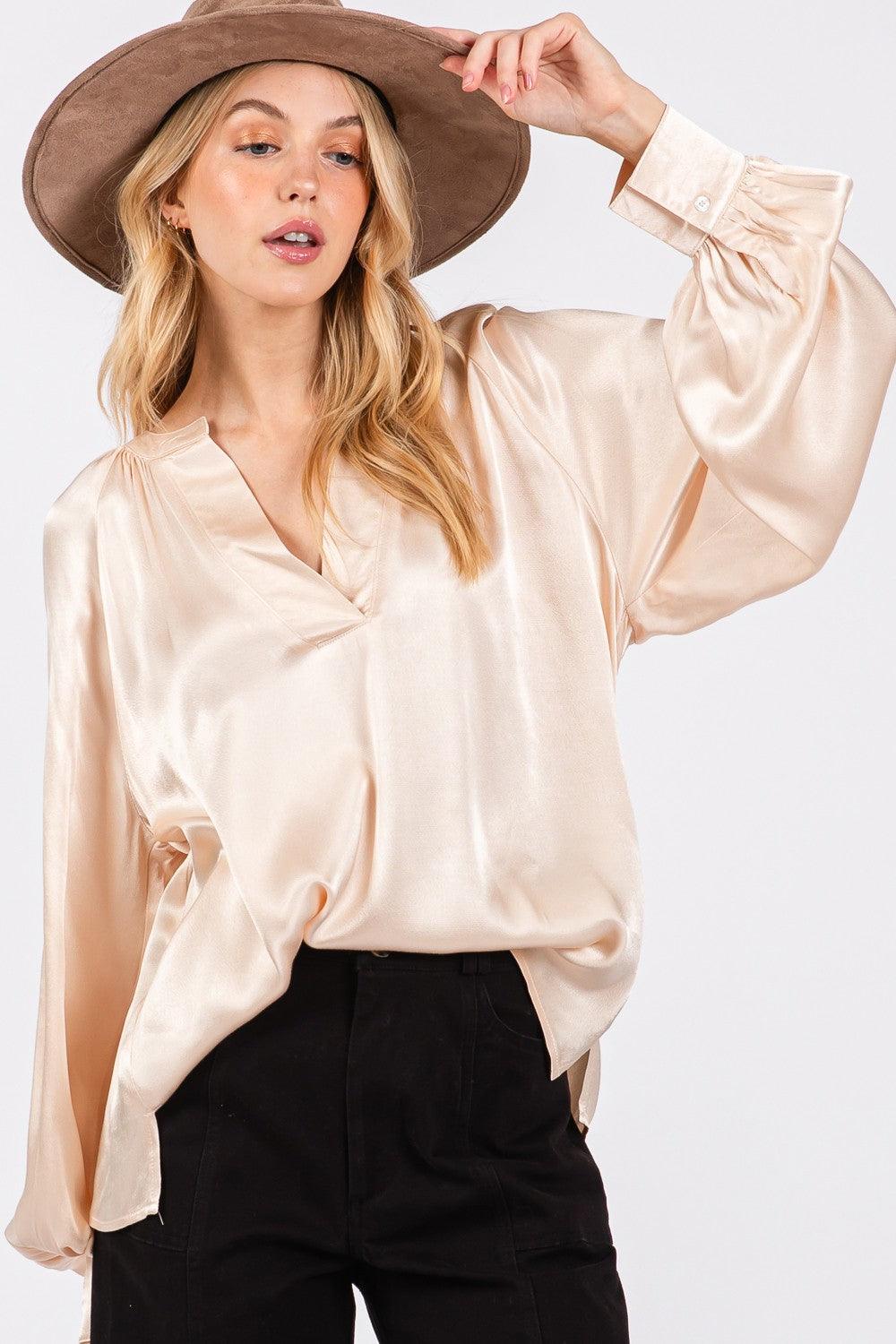 SAGE + FIG Notched Long Sleeve Blouse Carauana Store
