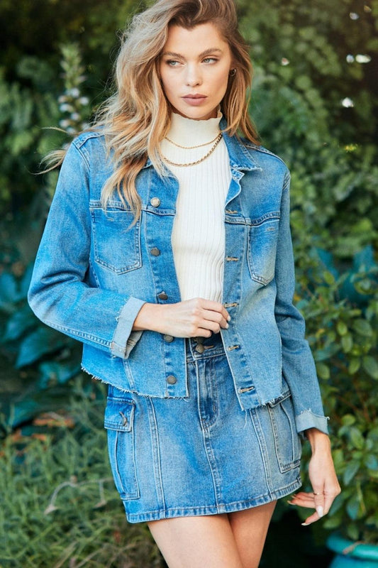 Veveret Button Up Raw Hem Denim Jacket Carauana Store