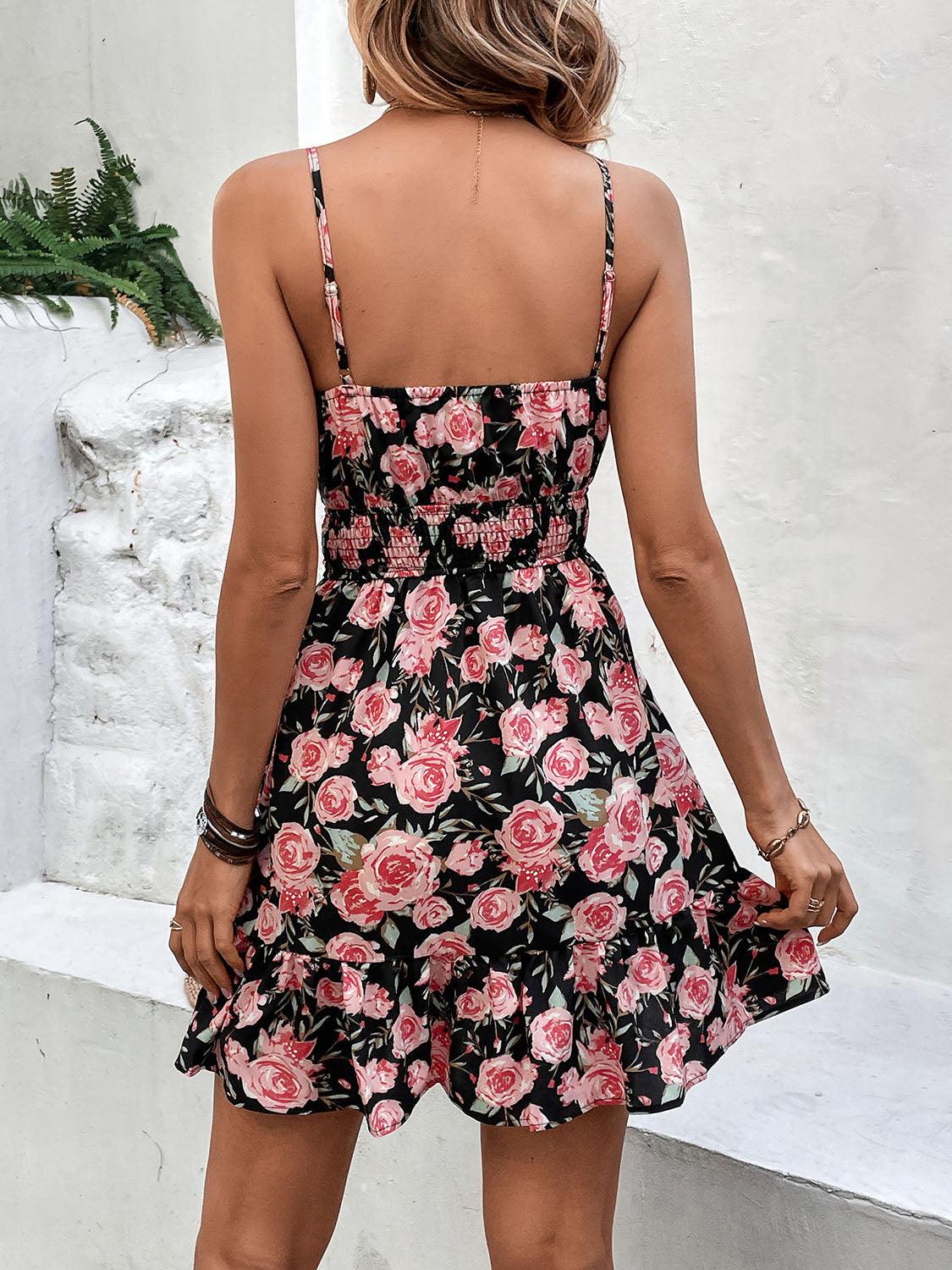 Tied Rose Print Spaghetti Strap Dress