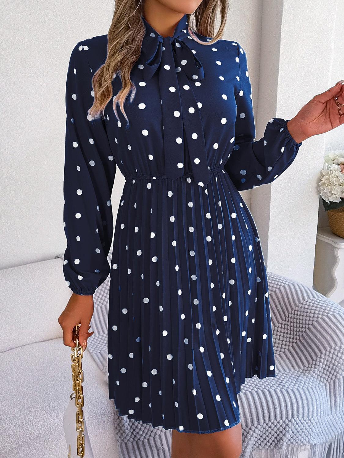 Polka Dot Tie Neck Pleated Dress CaRaUaNa Fashion