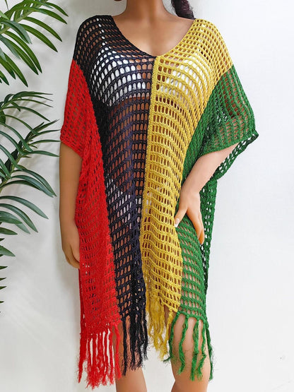 Fringe Color Block Scoop Neck Cover Up