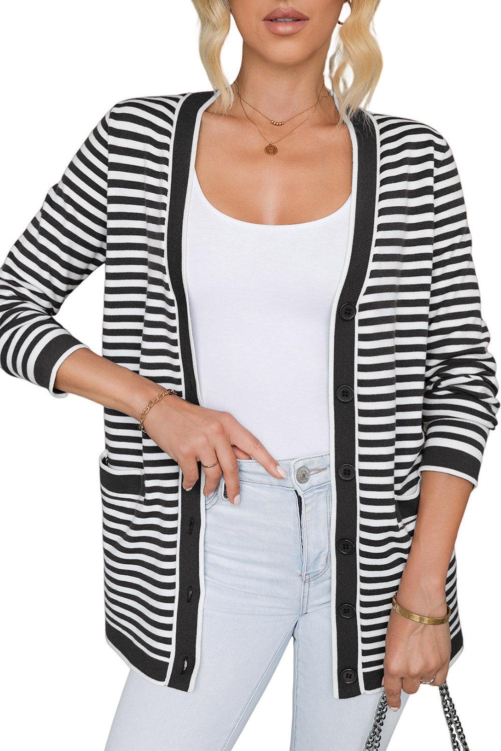 Striped Open Front Long Sleeve Cardigan