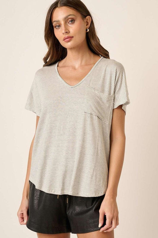 Mittoshop Striped V-Neck Short Sleeve T-Shirt Carauana Store