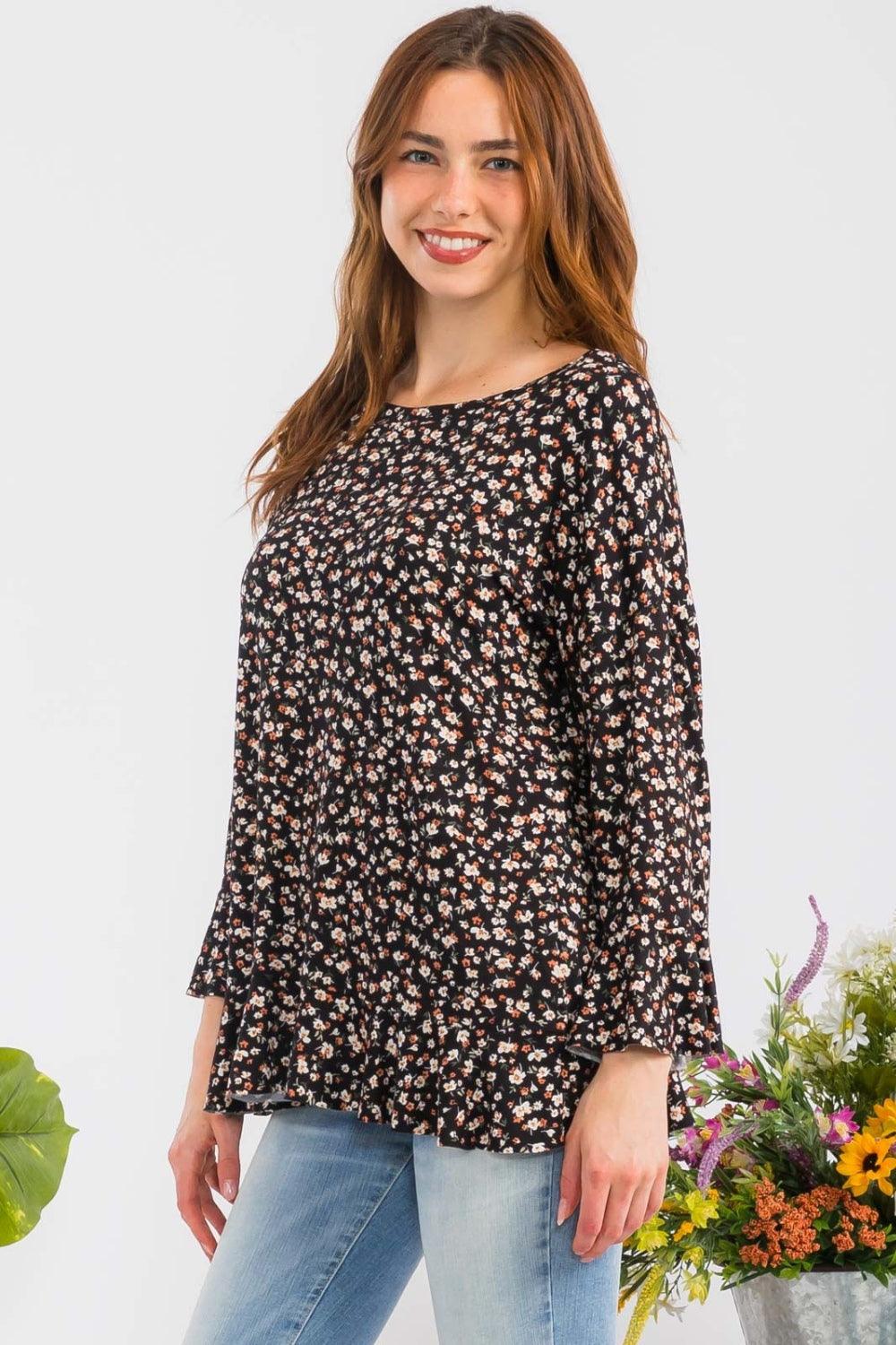 Celeste Full Size Floral Ruffle Detail Top