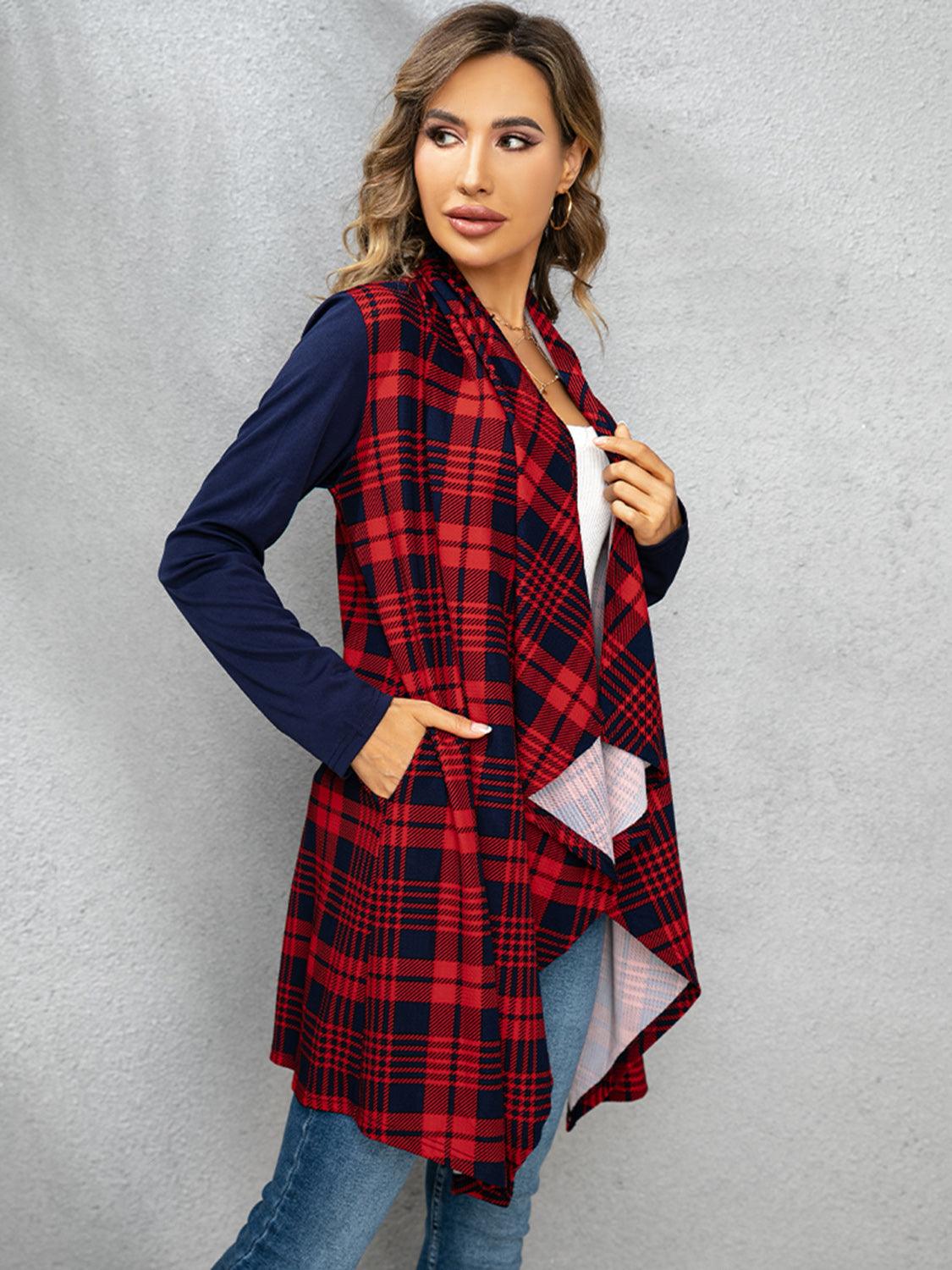 Shiny Plaid Open Front Cardigan