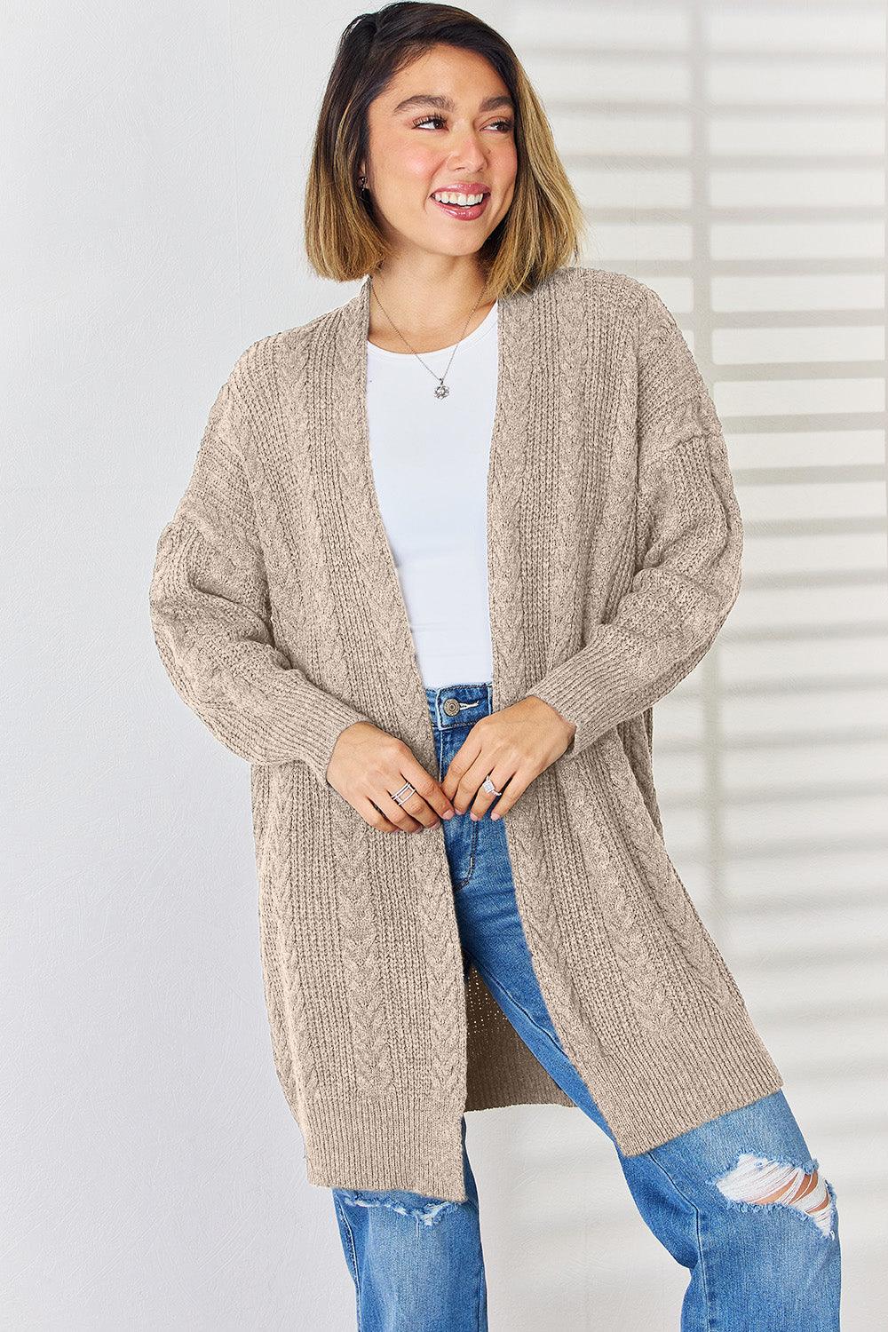 Cable-Knit Open Front Dropped Shoulder Cardigan