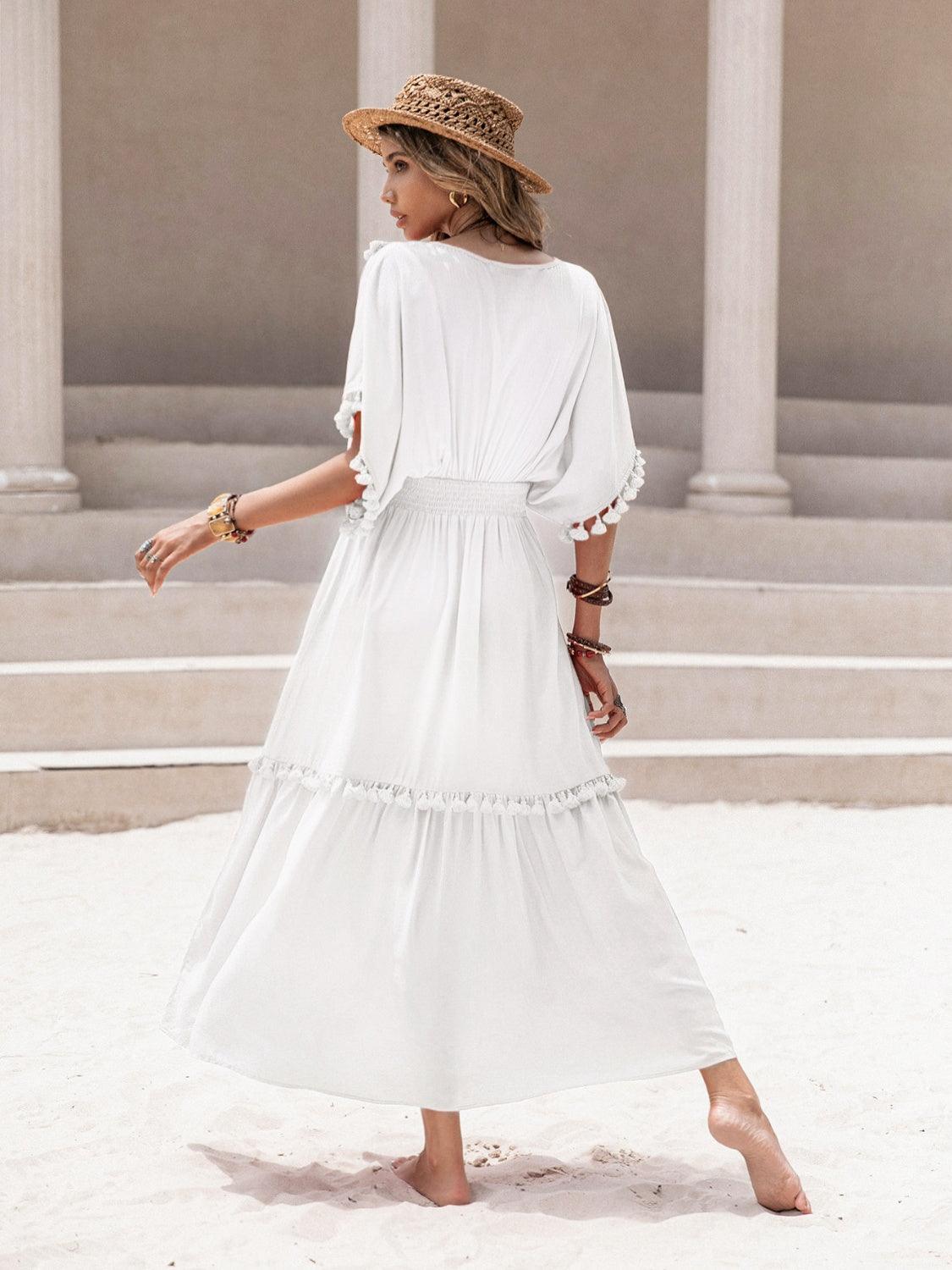 Tassel Trim Smocked V-Neck Short Sleeve Dress