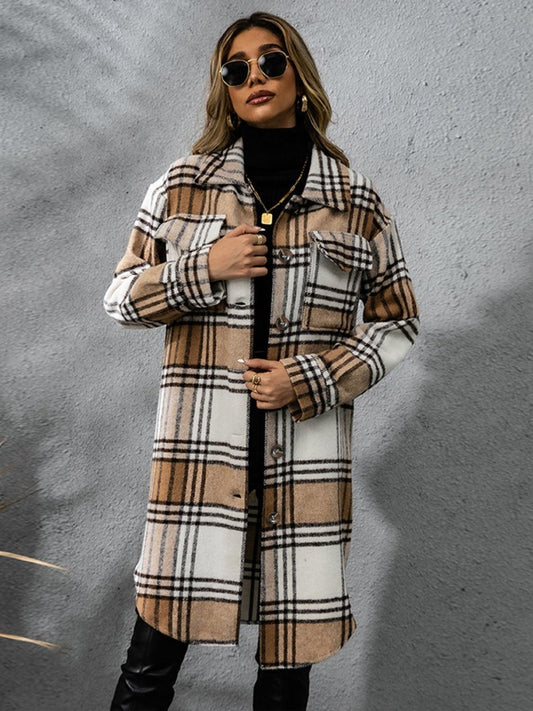 Plaid Collared Neck Long Sleeve Coat Carauana Store