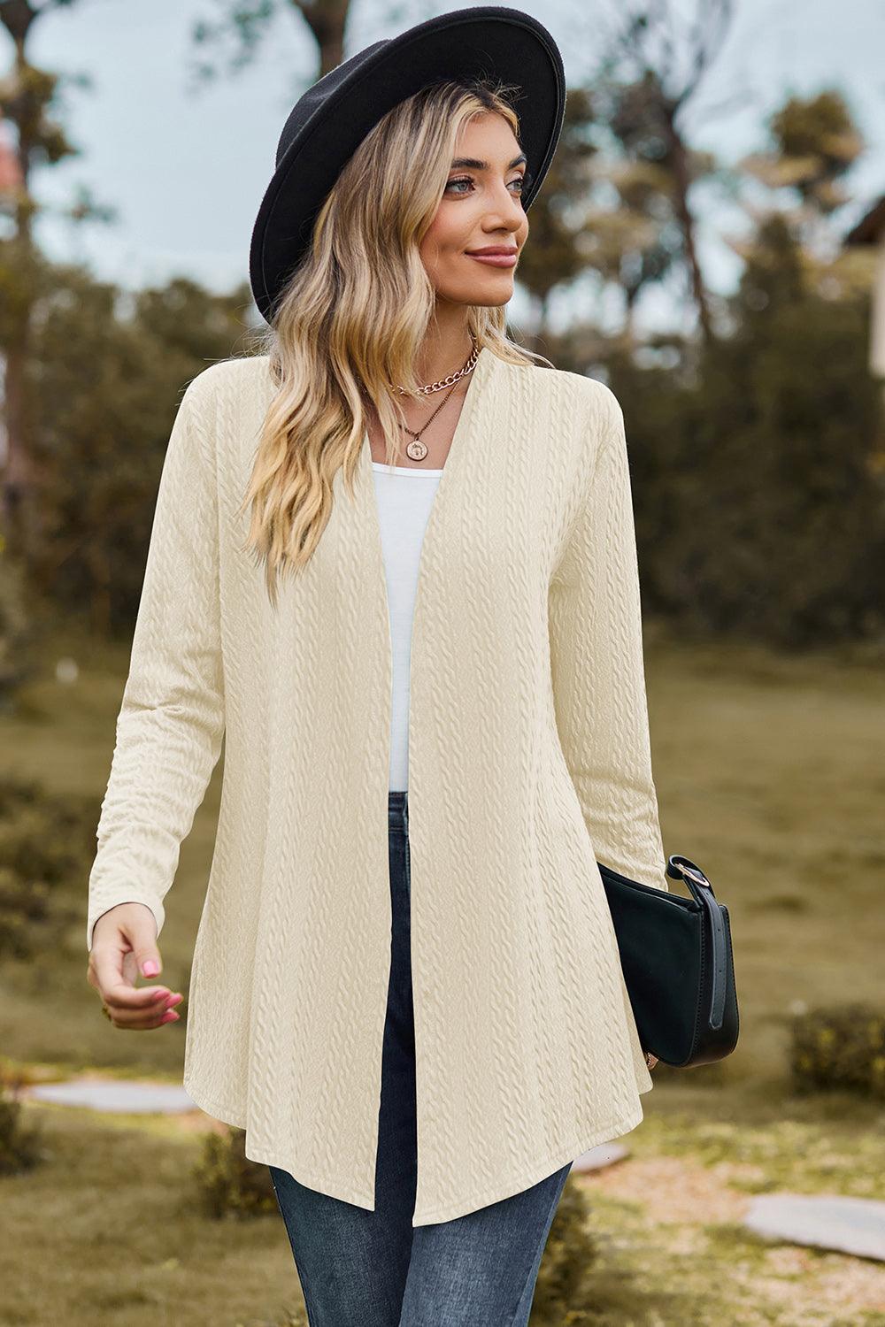 Textured Open Front Long Sleeve Cardigan