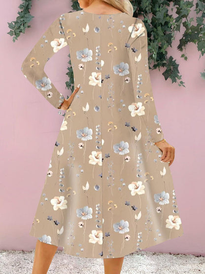 Floral Notched Long Sleeve Midi Dress