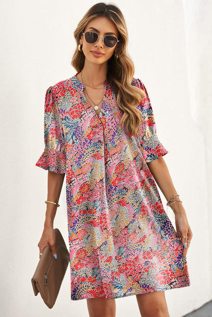 Floral Notched Neck Flounce Sleeve Shift Dress