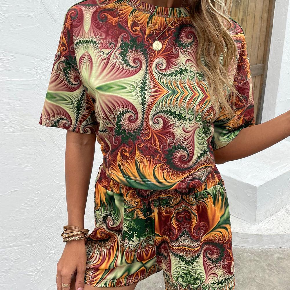 Printed Round Neck Dropped Shoulder Half Sleeve Top and Shorts Set