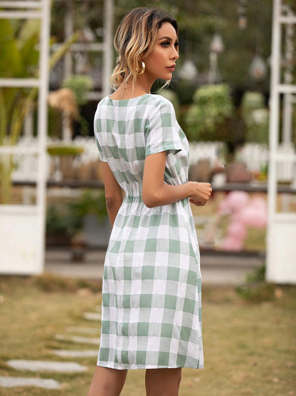 Smocked Plaid Round Neck Short Sleeve Dress