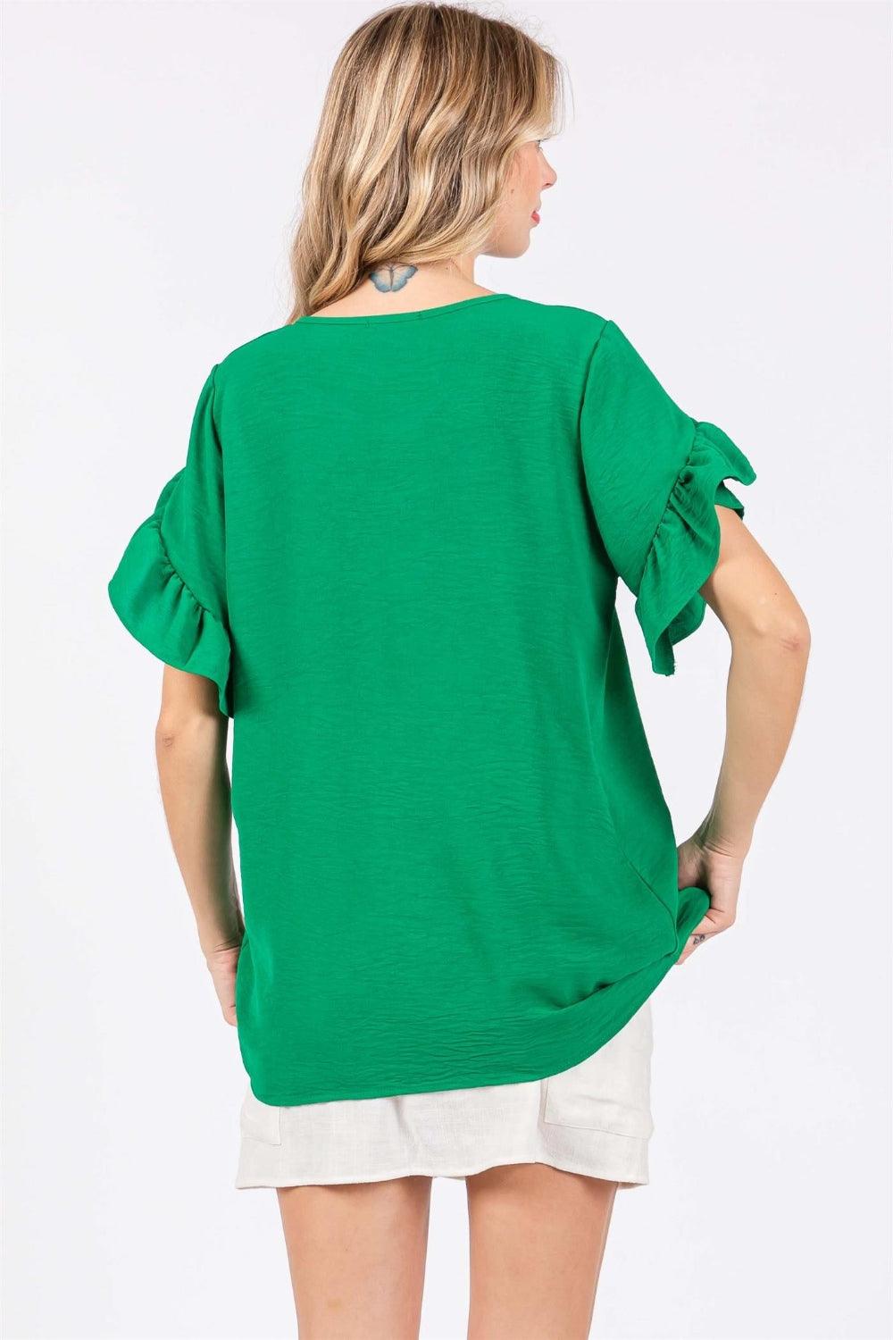 GeeGee Ruffled Short Sleeve V-Neck Blouse