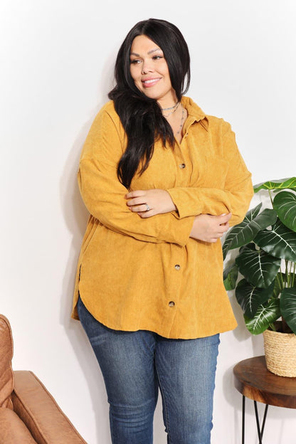 HEYSON Full Size Oversized Corduroy Button-Down Tunic Shirt with Bust Pocket