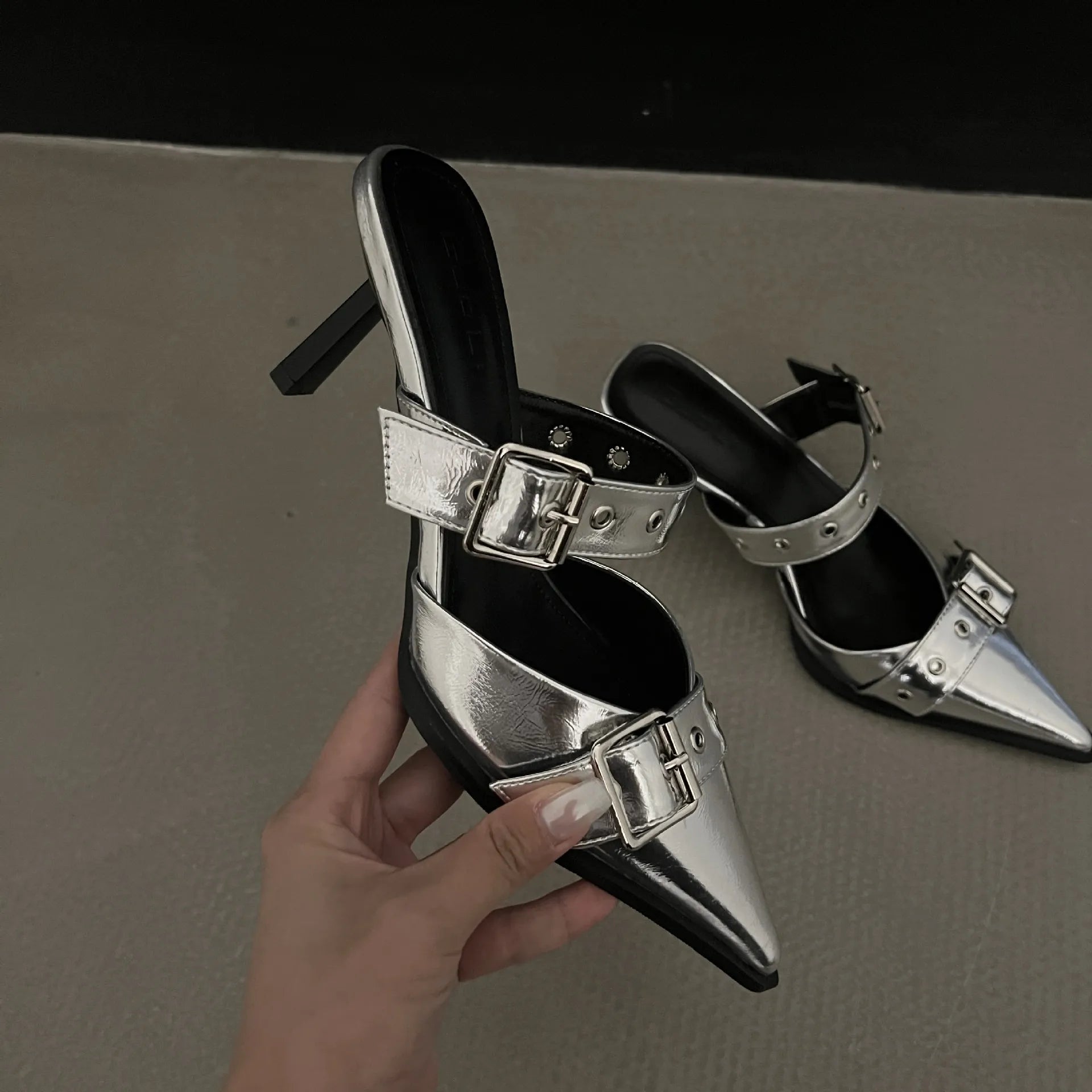 Point Toe Flare Heel Buckle Sandals Carauana Store
