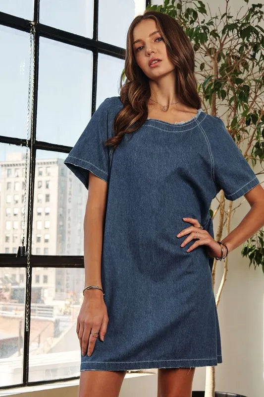 ADORA Raw Hem Mini Denim Dress with Pockets Carauana Store