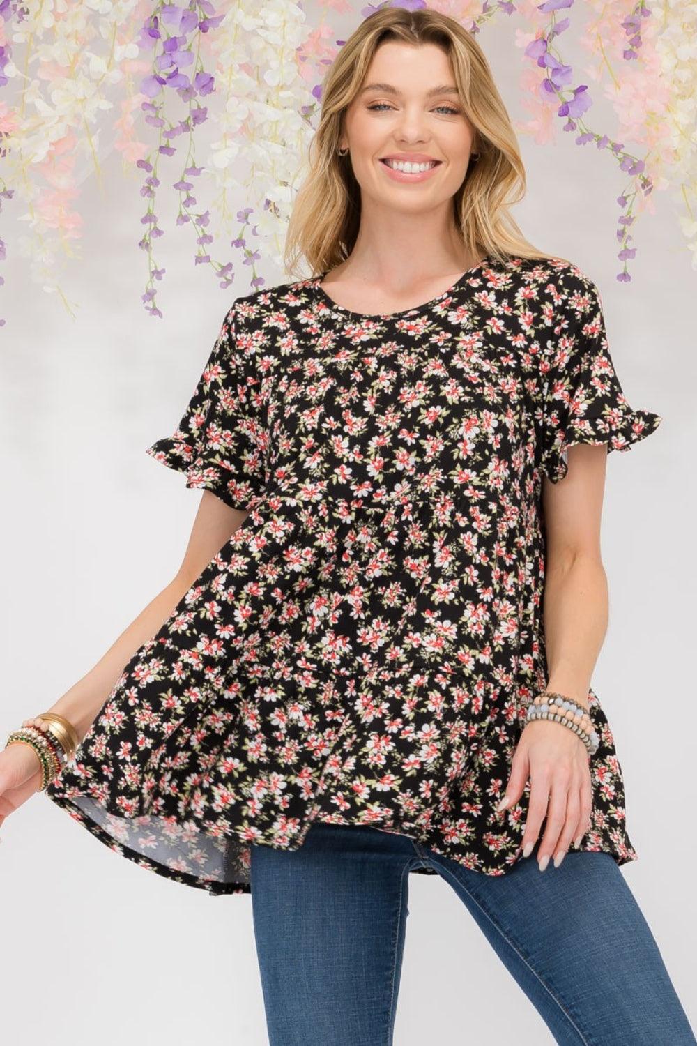 Celeste Full Size Floral Ruffled Short Sleeve Blouse