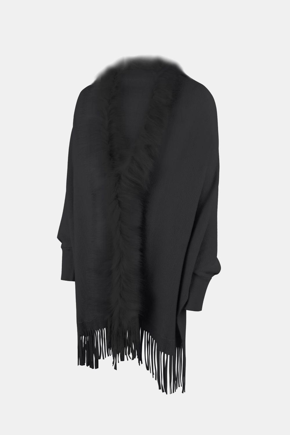 Fringe Open Front Long Sleeve Poncho