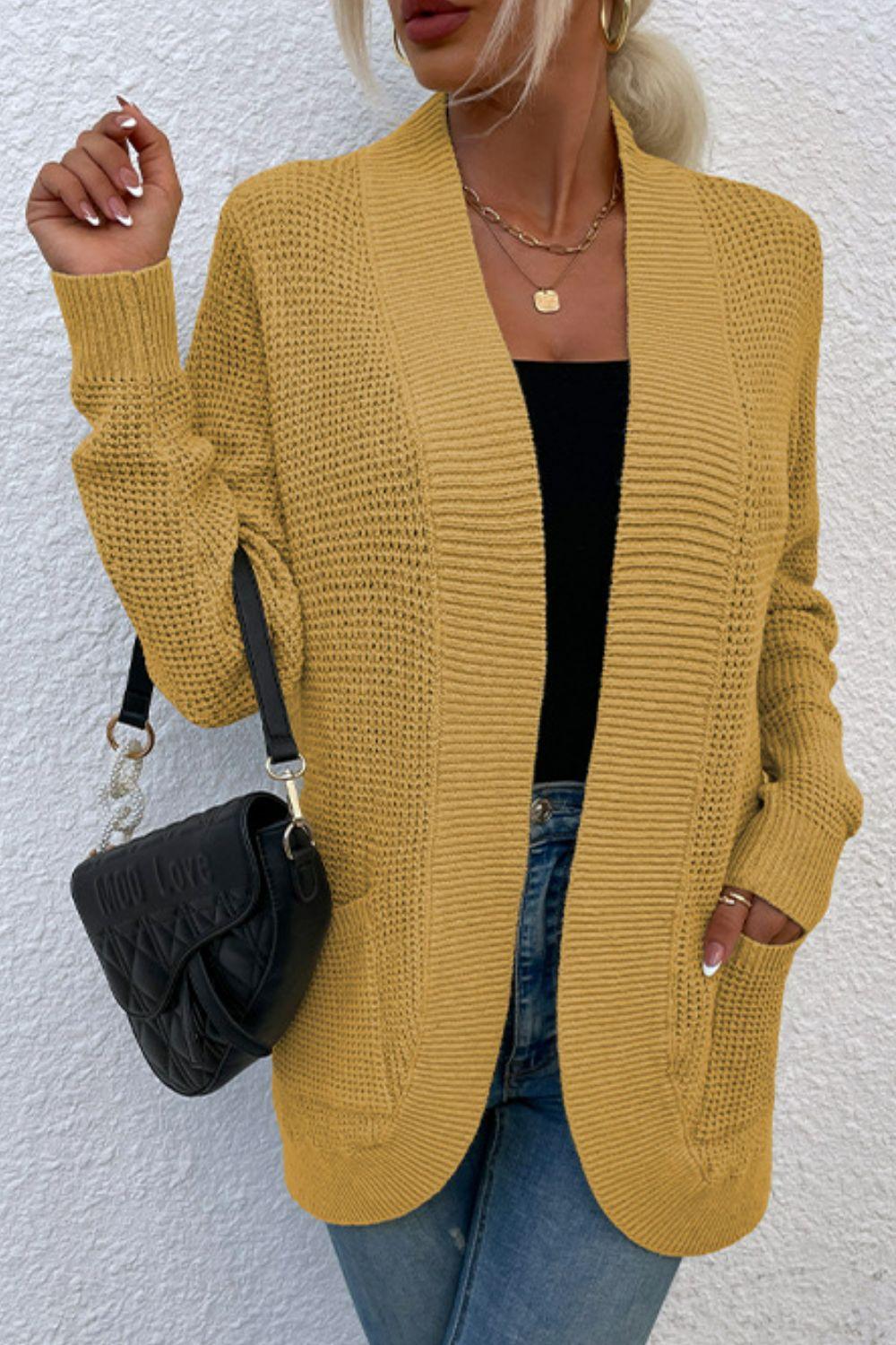 Open Front Rib-Knit Cardigan with Pockets