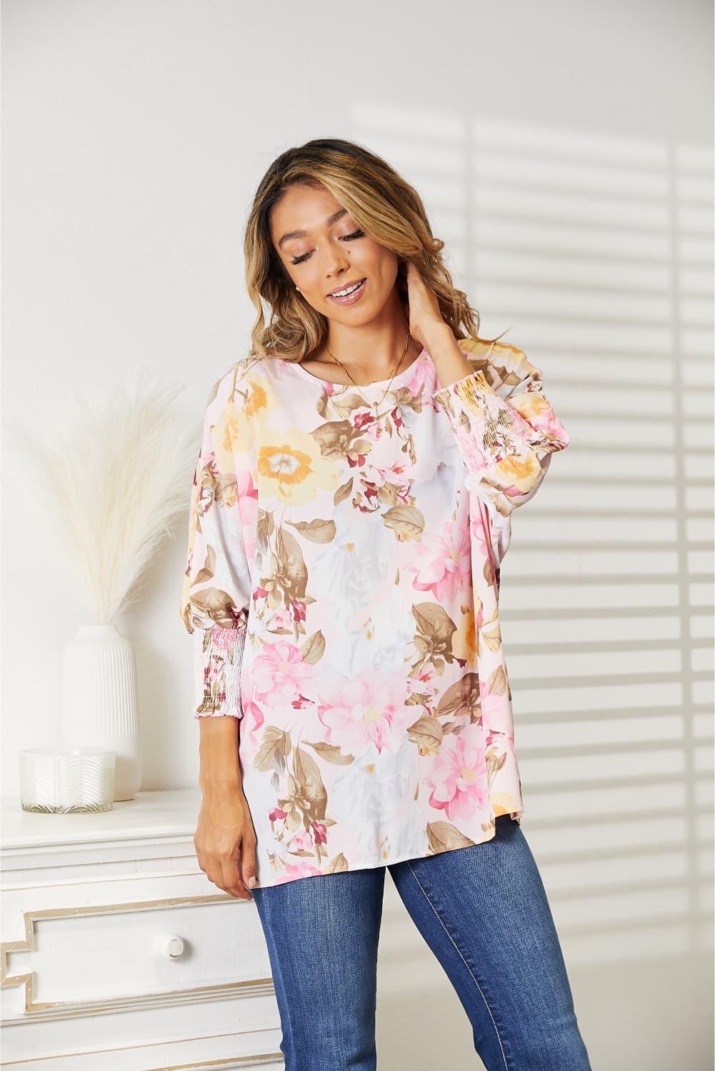 Double Take Floral Round Neck Three-Quarter Sleeve Top Carauana Store