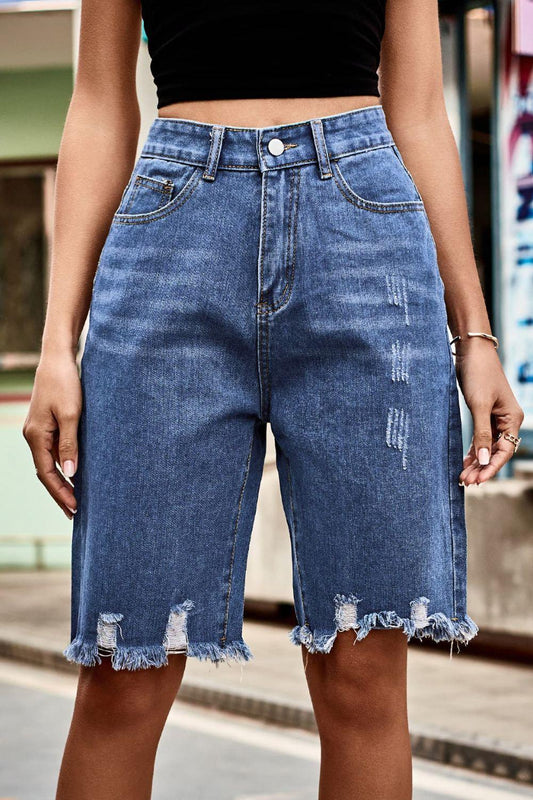 Raw Hem High Waist Denim Shorts with Pockets Carauana Store