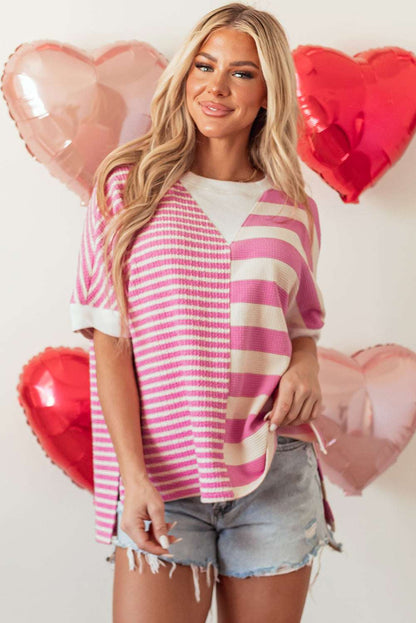 Pink Stripe Patchwork Textured Short Sleeve High Low Loose Top CaRaUaNa Fashion
