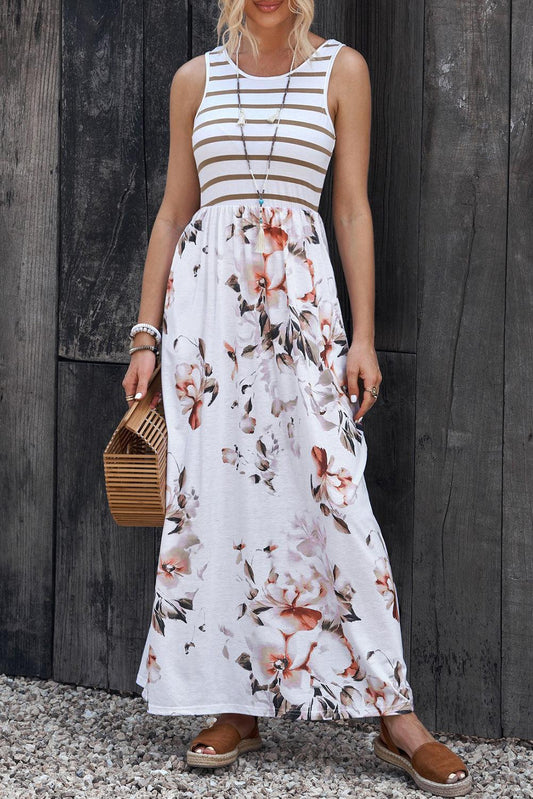 Striped Floral Round Neck Sleeveless Maxi Dress Carauana Store
