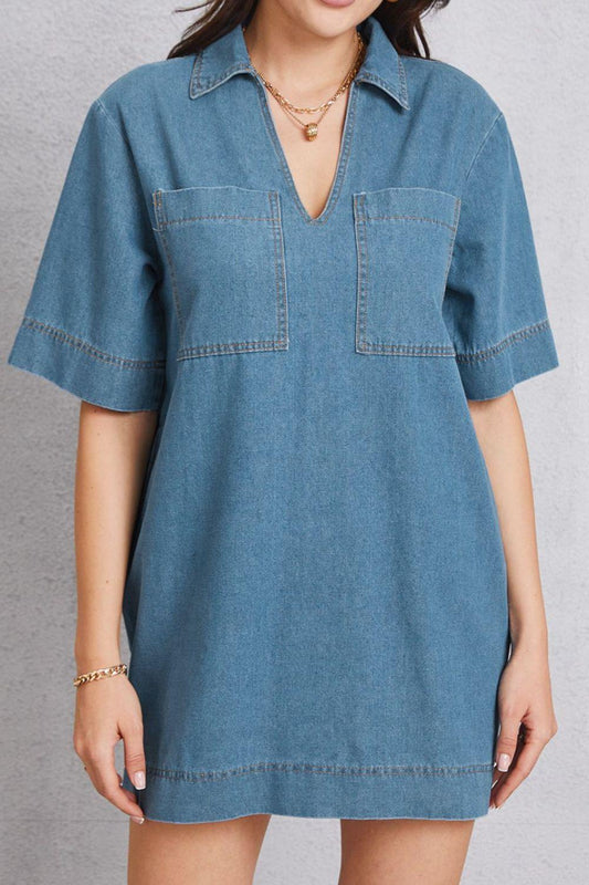 Pocketed Collared Neck Mini Denim Dress Carauana Store