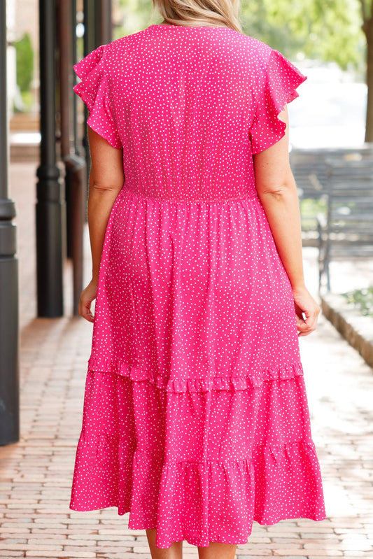 Rose Polka Dot Print Ruffled Smocked High Waist Plus Midi Dress
