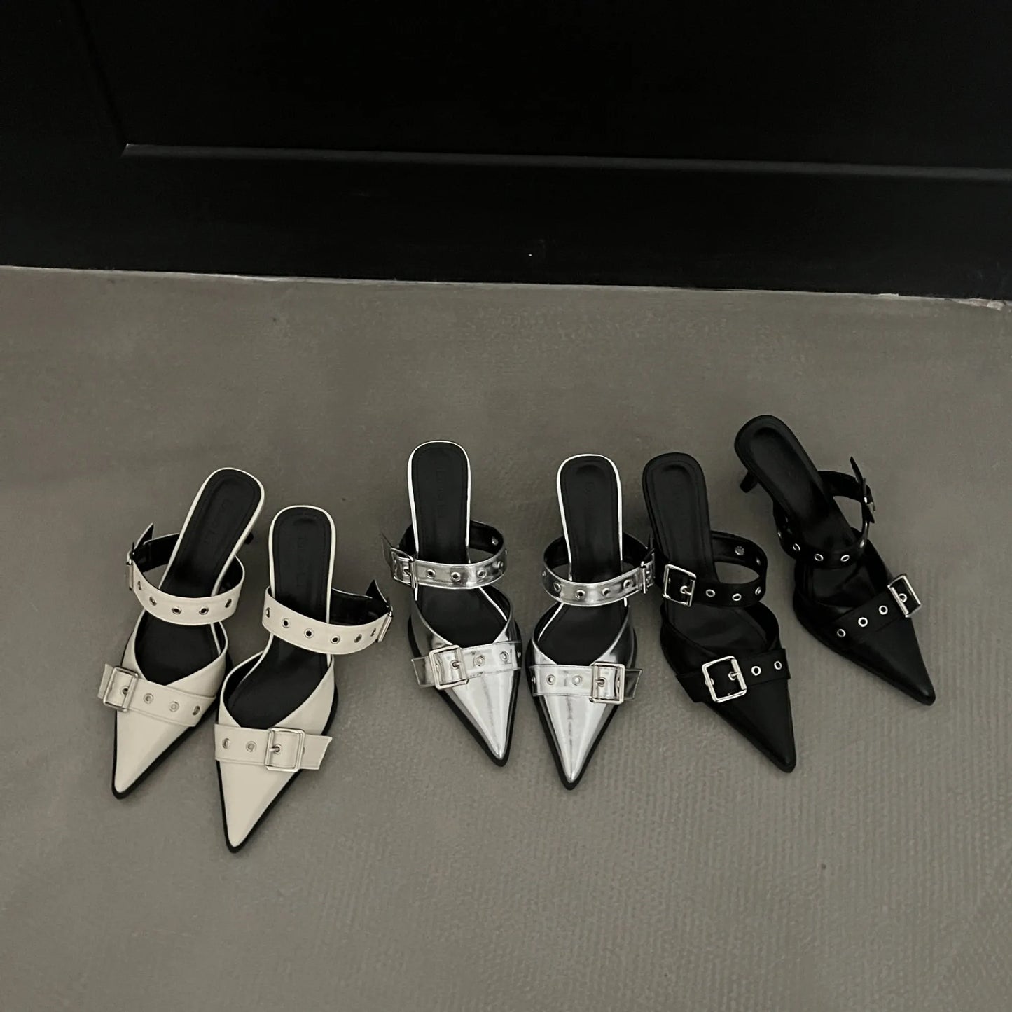 Point Toe Flare Heel Buckle Sandals Carauana Store