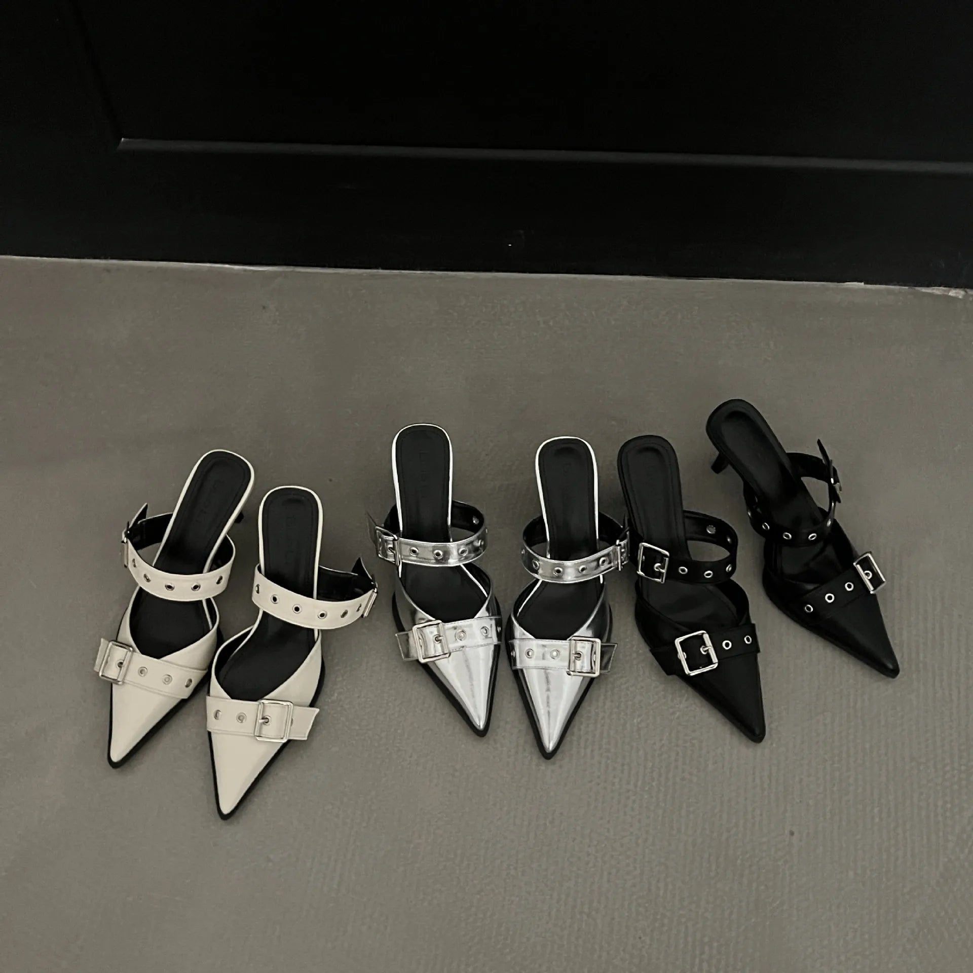 Point Toe Flare Heel Buckle Sandals Carauana Store